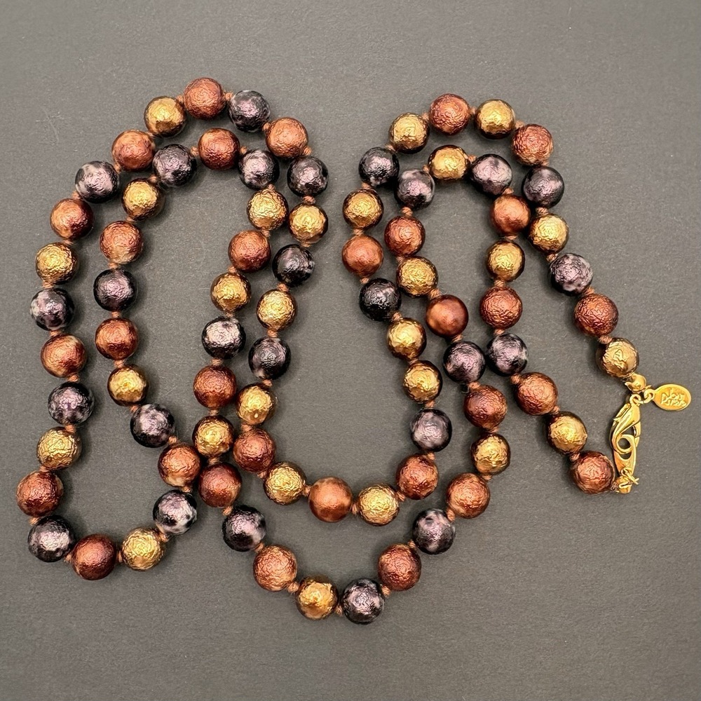 Vintage Joan Rivers Metallic Textured Glass Necklace‎ Knotted Brown Gold Purple